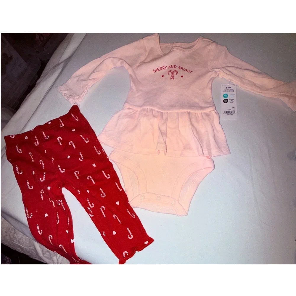 Carter's Child of Mine 2pc Outfit Baby Girl 6-9M Pink Red NEW Merry Bright Candy
